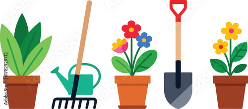 Gardening Tools and Potted Plants Illustration