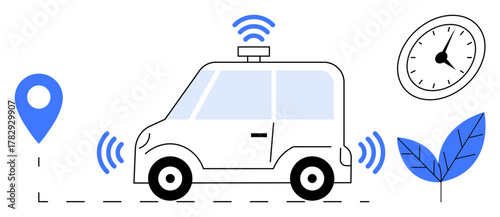 Self-driving car with GPS pin, wireless signals, clock, and leaf. Ideal for technology, innovation, transportation, eco-friendly mobility smart cities future trends sustainability. Simple flat