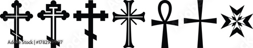 Religious cross vector collection, black christian and ancient ankh symbols, spiritual faith and religion design set for church, worship, and graphic illustration