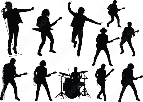 Rock band musicians silhouette vector illustration, live concert performance with singer guitarist and drummer on stage, music festival show, entertainment design concept background