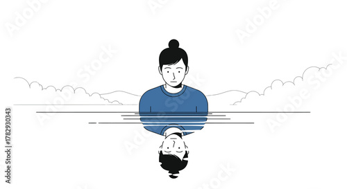 Pensive woman looking at her reflection in calm water, contemplating life's journey with a sense of introspection and quiet contemplation.