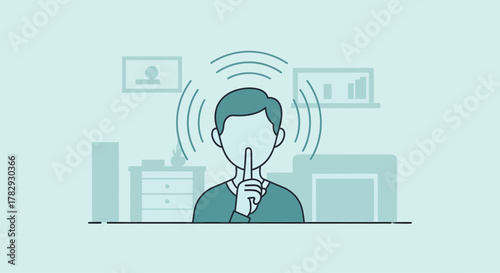 Person holding finger to lips in quiet office, suggesting privacy and concentration in a modern workspace, promoting a peaceful and focused atmosphere.