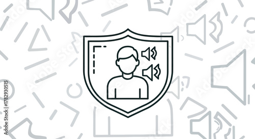 Person stands inside shield with sound waves emanating from head, representing data protection and privacy in a modern, minimalist style.