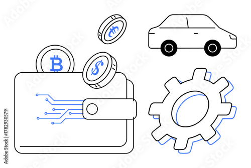 Digital wallet with electronic details holding cryptocurrency coins, gear symbolizing process and system, and a car for mobility. Ideal for finance, cryptocurrency, innovation, technology, system