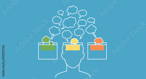 Three stylized heads represent different perspectives and ideas with thought bubbles above on a blue backdrop, showcasing diverse thinking and communication.