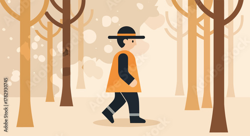 Man walking through a sparse forest wearing a hat and vest on a cool autumn day, creating a peaceful and contemplative scene.