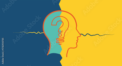 Human head split in two with question mark representing confusion and uncertainty in abstract conceptual artwork, symbolizing mental health challenges.