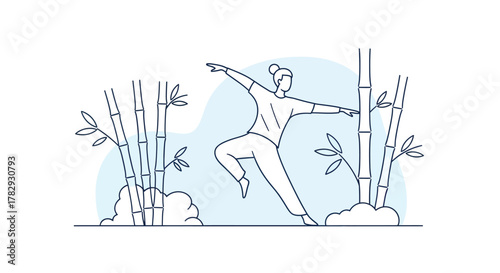Woman practices martial arts among bamboo stalks in serene garden, showcasing balance and flexibility with graceful movements in a peaceful atmosphere.