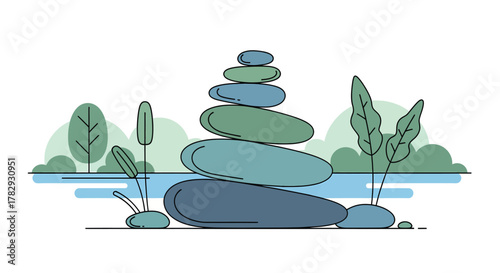 Stack of zen stones balancing near calm water with green trees, representing balance and tranquility in nature, creating a peaceful scene.