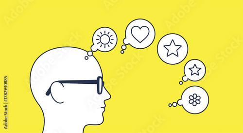 Thinking head contemplates positive symbols floating in bright yellow space, representing optimism and mental clarity.