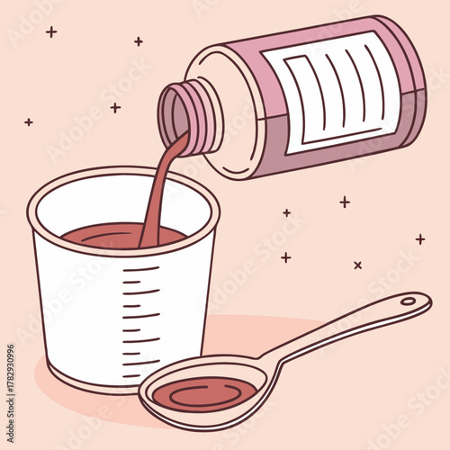 A bottle of syrup pouring into a measuring cup and spoon