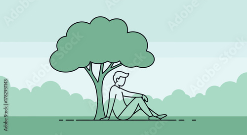 Man sitting under a tree in a park enjoying the shade on a warm day, finding peace and relaxation in nature's embrace.