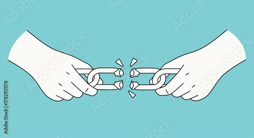 Hands breaking a chain representing overcoming challenges and achieving freedom on a light blue surface, symbolizing strength and resilience.