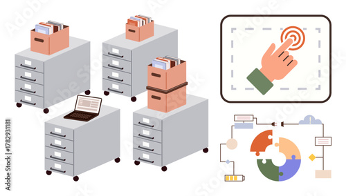 Filing cabinets with document boxes and a laptop, a hand interacting with a touch interface, and a workflow diagram. Ideal for office management, organization, workflow, productivity, technology