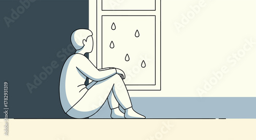 Man sits alone near window watching raindrops during a gloomy afternoon, feeling pensive and melancholic.