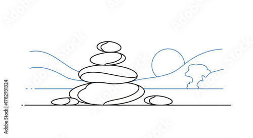 Stacked stones balance peacefully on beach during sunset, creating zen atmosphere with calming ocean waves and distant sun, evoking tranquility.