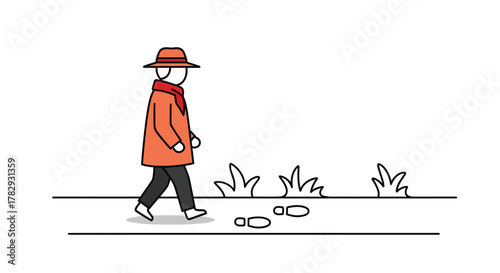 Man wearing hat and coat walking along sidewalk in autumn, leaving footprints on the ground, creating a sense of solitude and reflection.
