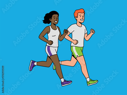 Smiling couple jogging together, flat vector illustration of a black woman and red-haired man running side by side in athletic outfits on blue background
