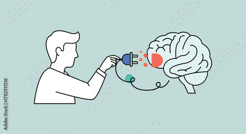 Person plugging in brain with electrical cord representing connection and power for mental health and cognitive function in a modern, clean style.
