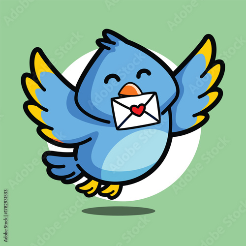 Adorable blue bird cartoon delivering a letter, cute kawaii messenger bird vector illustration, perfect for communication, post office mascot, and children’s design.