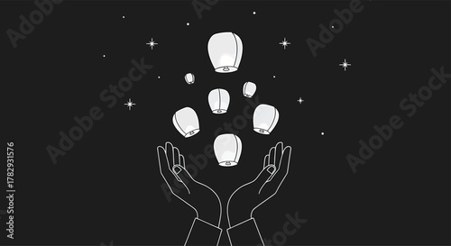 Hands release glowing sky lanterns into the night sky during a peaceful celebration, creating a magical and serene atmosphere.
