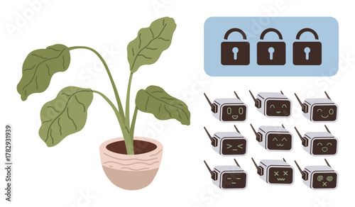 Potted plant with large green leaves alongside an array of lock designs and robotic faces displaying various emotions. Ideal for technology, emotions, security, cyber themes, AI, nature, simple flat