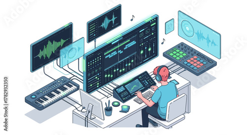 Digital Audio Workstation Setup with a Musician at the Desk