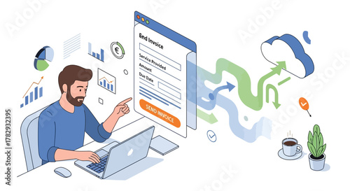 Digital Invoice Process Man Pointing to Online Form with Cloud Integration