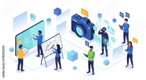 Isometric Illustration of Team Collaborating on Technology and Design Projects