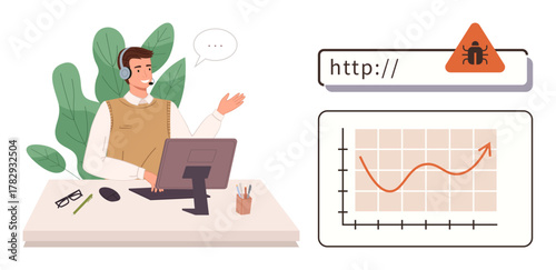 Customer service agent at desk with headset, addressing cybersecurity concerns. Error alert in web browser and rising analytics graph. Ideal for IT, support, communication, teamwork, data, online