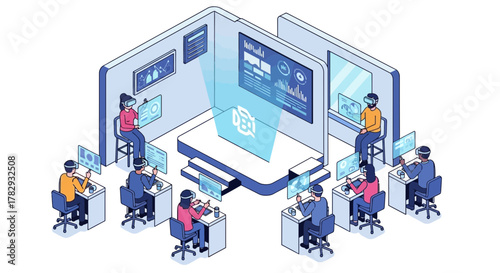 Isometric Illustration of Virtual Reality Conference with Attendees and Stage