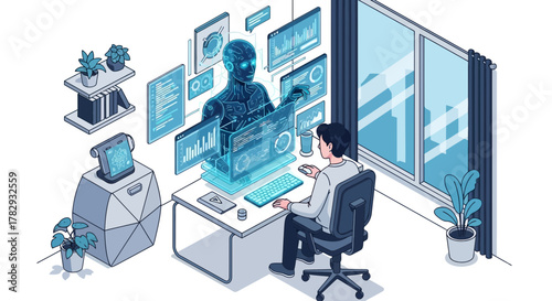 Man Interacting with Futuristic AI Interface in Modern Office Setting
