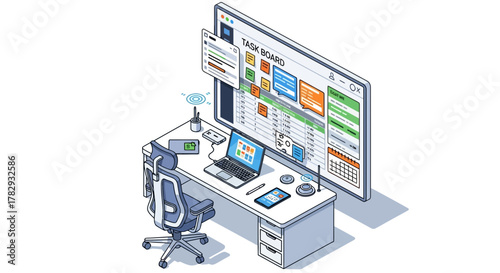 Modern Workspace Depicting Task Board Laptop and Digital Devices for Productivity