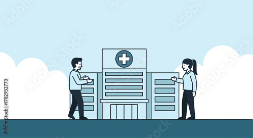 Two people standing in front of hospital building, representing healthcare access and community health initiatives on a bright, hopeful day.