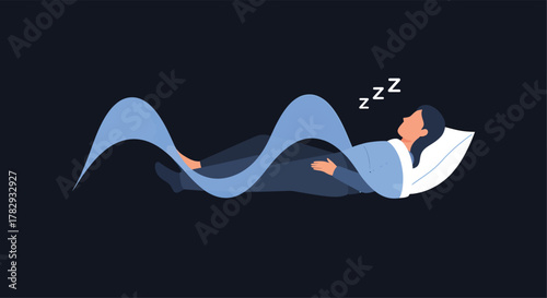 Woman sleeping peacefully in bed with wavy aura representing deep sleep and relaxation, promoting wellness and healthy lifestyle.