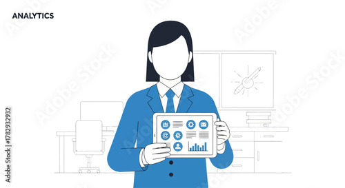 Businesswoman presenting data analytics on tablet in modern office, showcasing insights and trends for strategic decisionmaking, professional and informative.