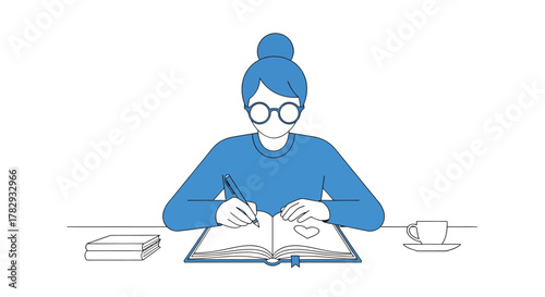 Woman writing in a notebook at a desk with books and a cup of coffee, capturing her thoughts and ideas in a cozy and creative workspace.