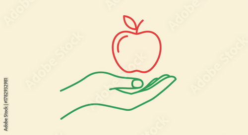 Hand holding a red apple against a beige backdrop, symbolizing health and wellness with a minimalist aesthetic.