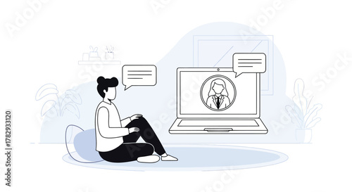 Young man participates in online video call with colleague from home office during quarantine, showcasing remote work and digital communication.