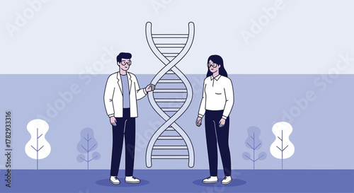 Scientists discussing dna structure in laboratory with trees in the distance, showcasing scientific discovery and collaboration in a modern setting.