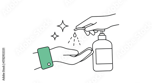 Hand sanitizing with dispenser to prevent spread of germs and bacteria during flu season in public places, promoting health and hygiene.