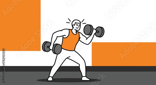 Man lifting dumbbells in gym during workout session, focusing on strength and fitness, showcasing determination and healthy lifestyle.