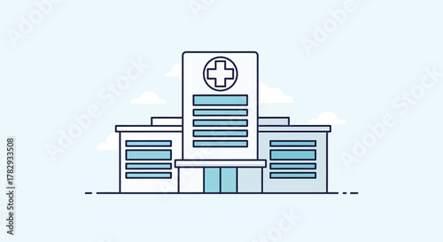 Hospital building stands tall against a light blue sky, representing healthcare and medical services with a clean and modern aesthetic.
