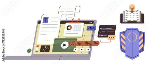 Laptop displaying web development tools, media elements, coding windows, and data charts with book and shield. Ideal for web programming, cybersecurity, multimedia, e-learning, analytics digital