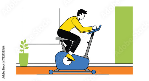 Man exercising on stationary bike in living room for fitness and health, promoting wellness and a healthy lifestyle.