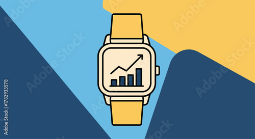 Smartwatch displays rising bar graph against blue and yellow backdrop, symbolizing growth and progress in finance and technology, conveying a sense of optimism.