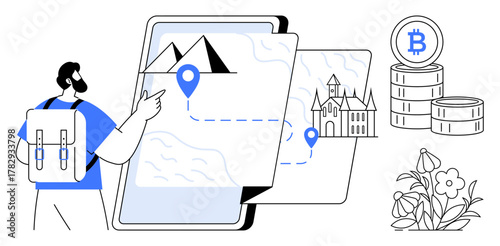 Backpacker navigating interactive map with landmarks, flowers, and stacked Bitcoin coins. Ideal for travel, technology, blockchain, sustainability, finance planning navigation. Simple flat metaphor