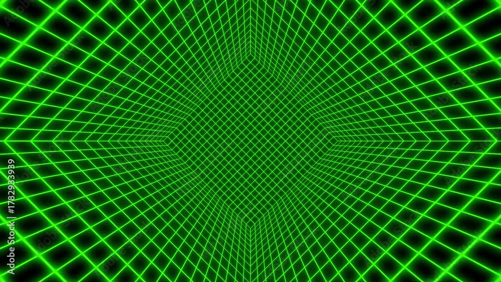A looping neon green thin line grid tilt at 45° animation with forced perspective background.