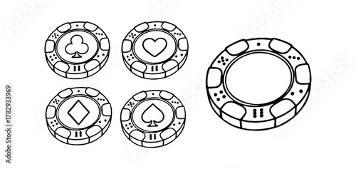 Poker and casino chips in doodle style. Hand drawn set of playing poker chips vector illustration