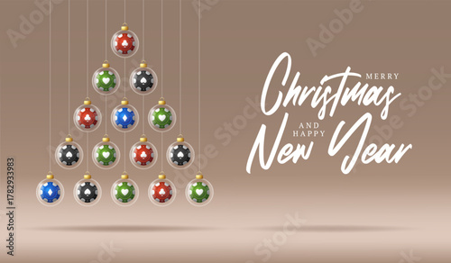 Casino poker Christmas tree and New Year greeting banner. Merry Christmas golden greeting card with glass xmas ball as a bauble on beige background. Vector illustration sport modern banner